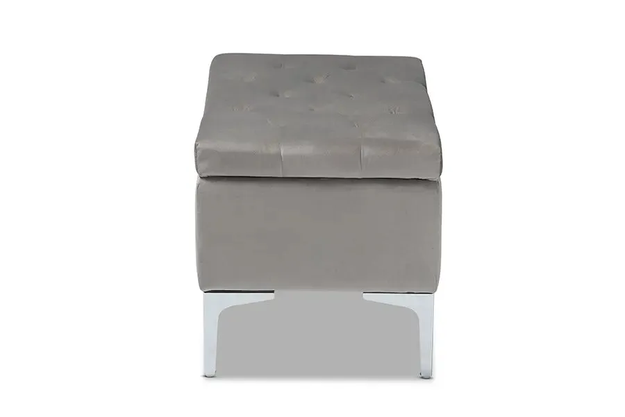 Keswick Grey Velvet Fabric Upholstered Silver Finished Storage Ottoman