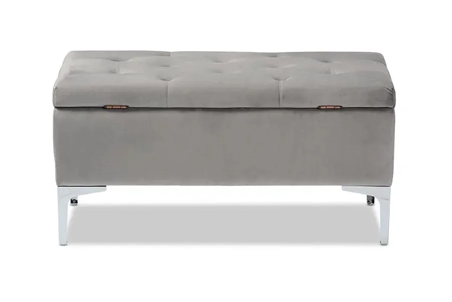 Keswick Grey Velvet Fabric Upholstered Silver Finished Storage Ottoman