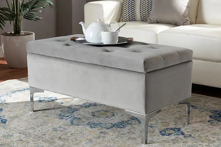 Keswick Grey Velvet Fabric Upholstered Silver Finished Storage Ottoman