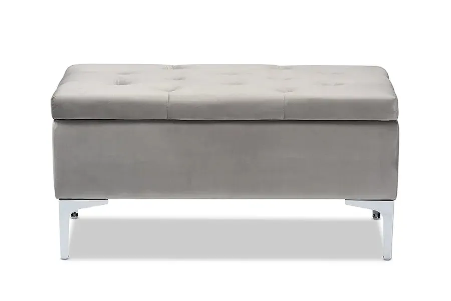 Keswick Grey Velvet Fabric Upholstered Silver Finished Storage Ottoman