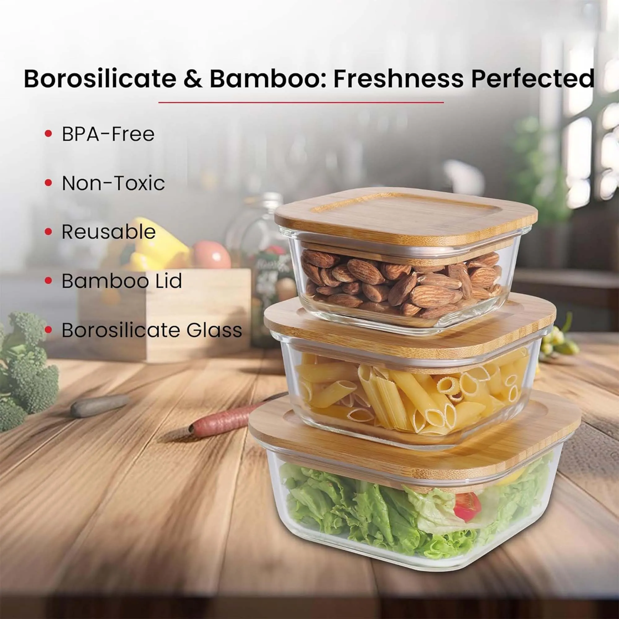 Kuber Industries Set of 3 Borosilicate Galss 800ml, 520ml, 320ml Square Food Kitchen Containers Set with Air-Tight Bamboo Lid | Multipurpose Storage Box for Fridge Organizers | Transparent