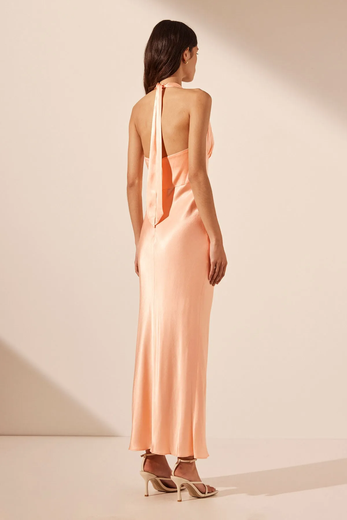 LA LUNE PLUNGED HALTER MIDI DRESS - PEACH