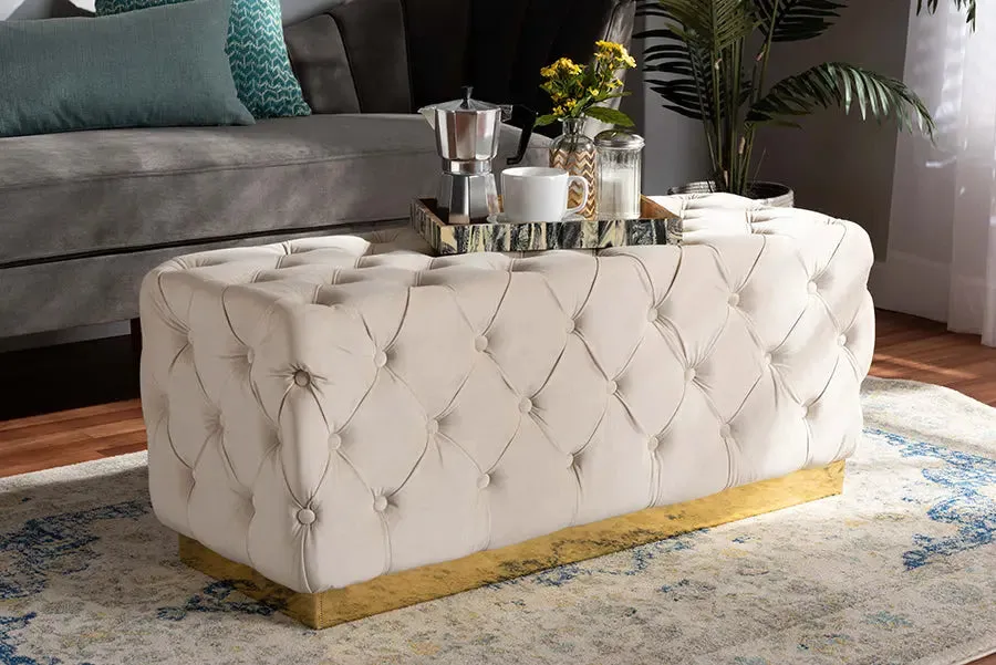 Larissa Grey Velvet Fabric Gold Finished Tufted Storage Ottoman