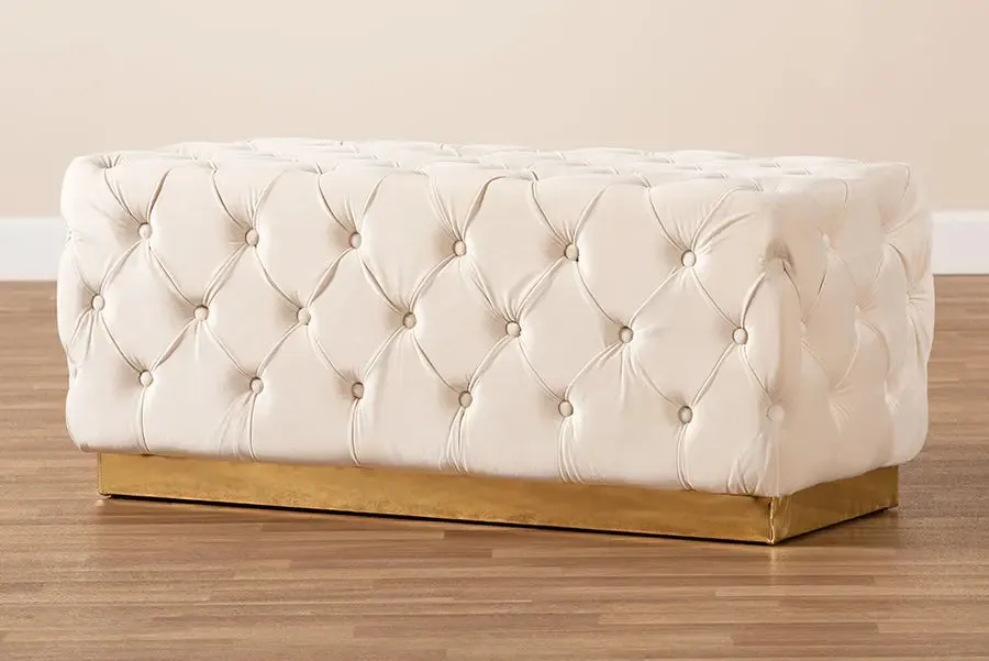 Larissa Grey Velvet Fabric Gold Finished Tufted Storage Ottoman