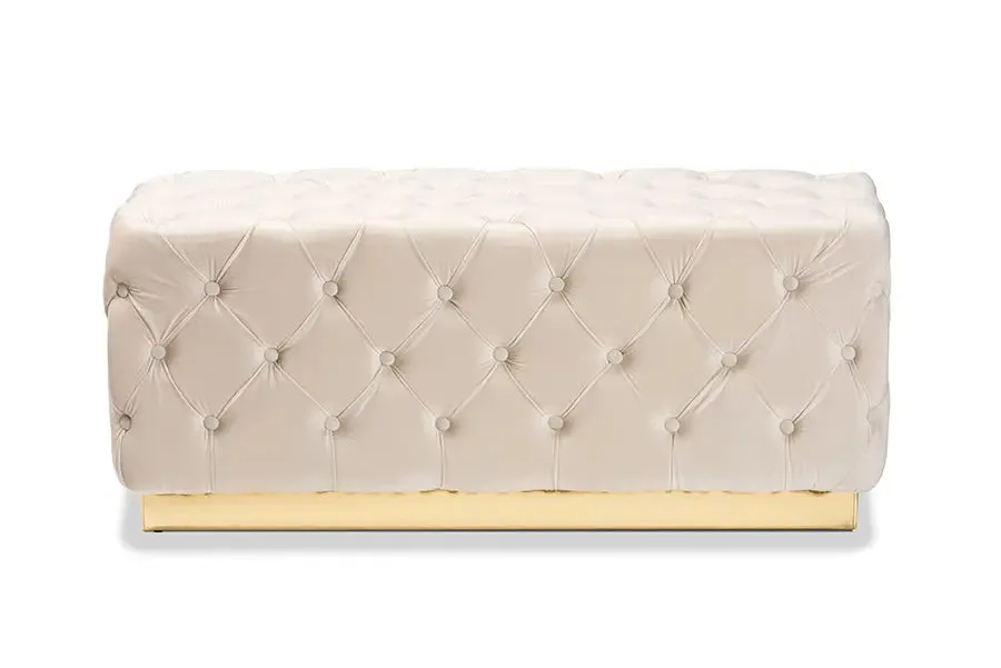 Larissa Grey Velvet Fabric Gold Finished Tufted Storage Ottoman