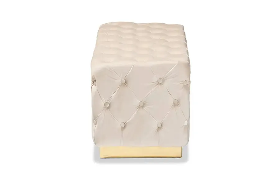 Larissa Grey Velvet Fabric Gold Finished Tufted Storage Ottoman