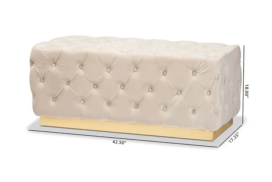 Larissa Grey Velvet Fabric Gold Finished Tufted Storage Ottoman