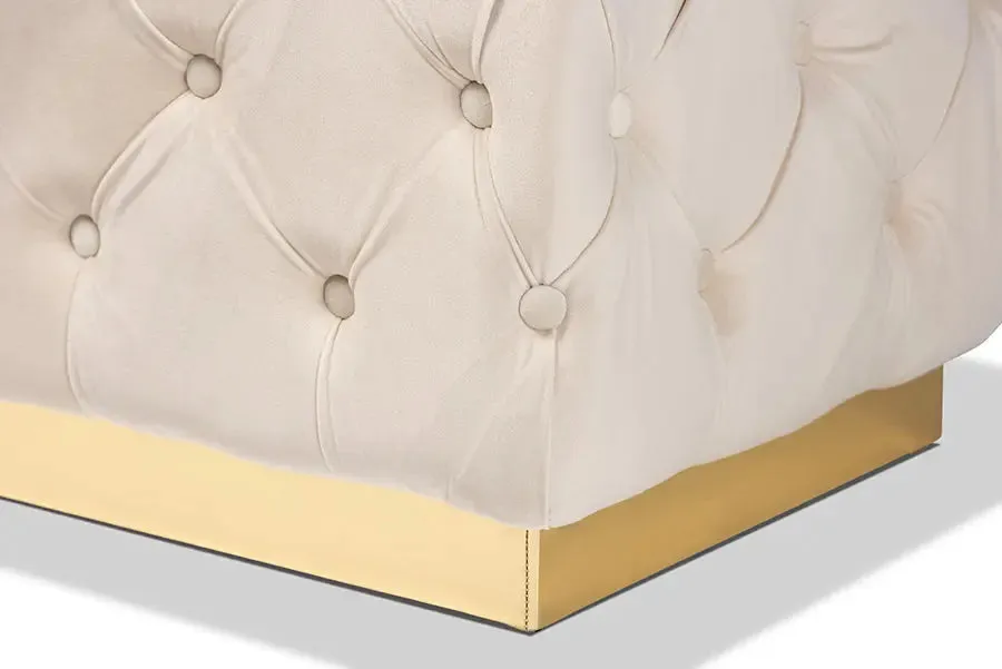 Larissa Grey Velvet Fabric Gold Finished Tufted Storage Ottoman