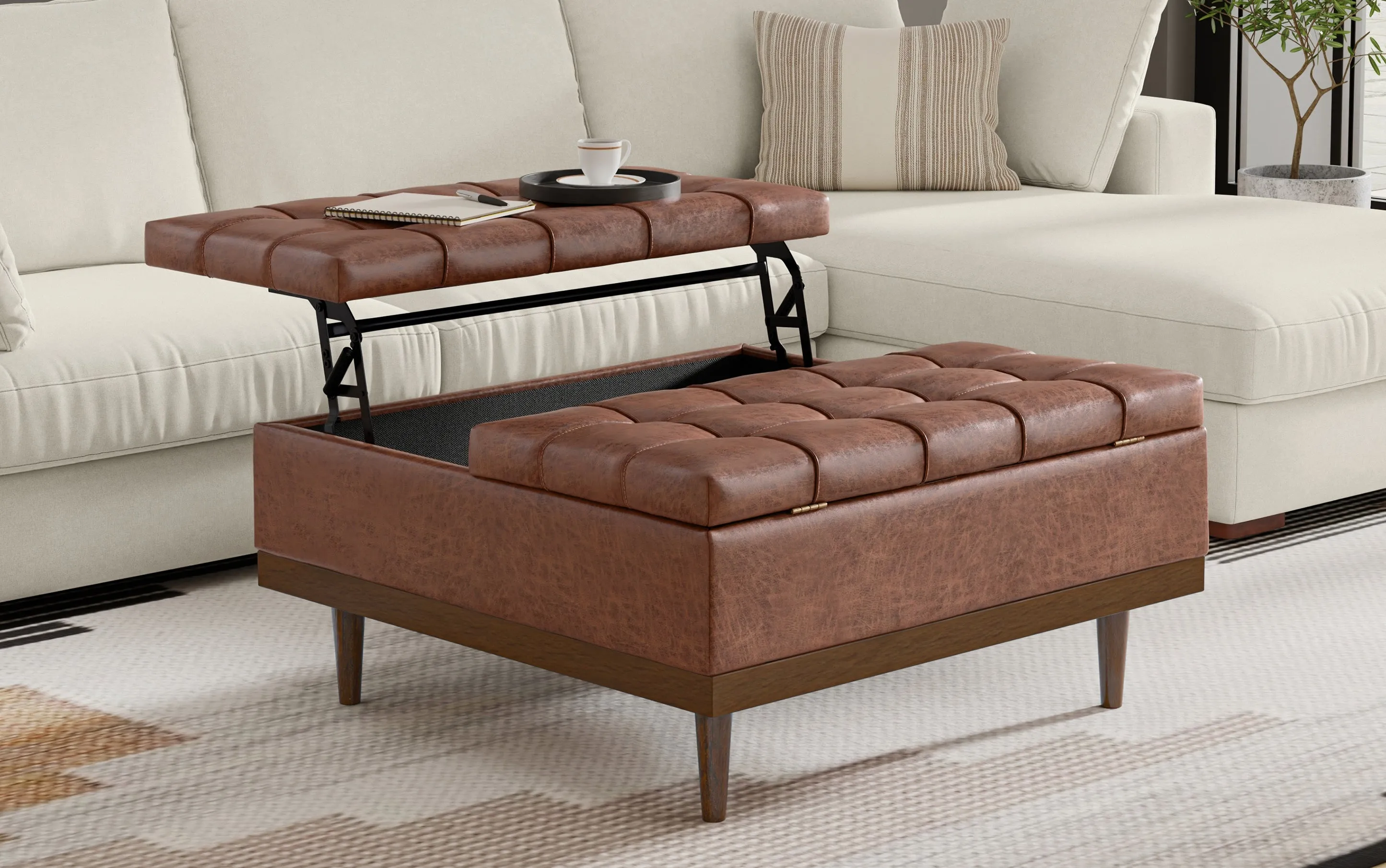 Mariah Lift Top Table Storage Ottoman in Distressed Vegan Leather