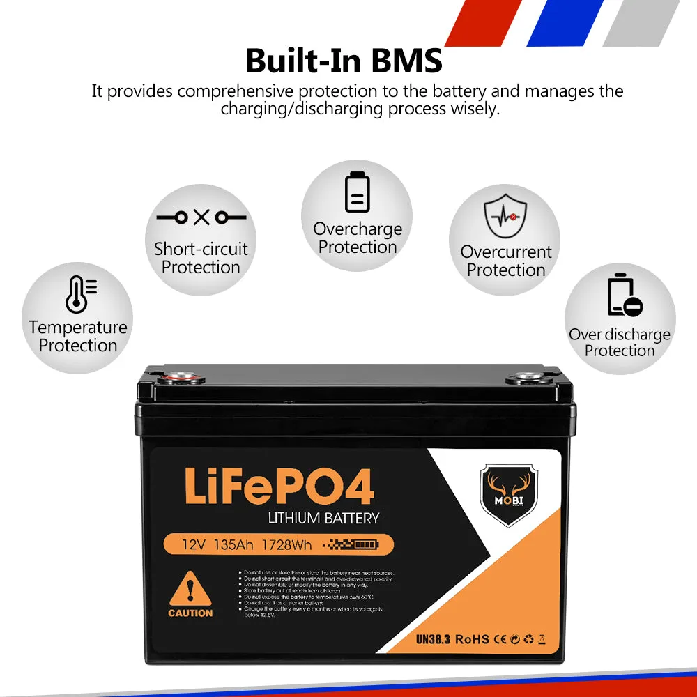 Mobi 12V 135AH Lithium Iron Phosphate Battery LiFePO4 Deep Cycle