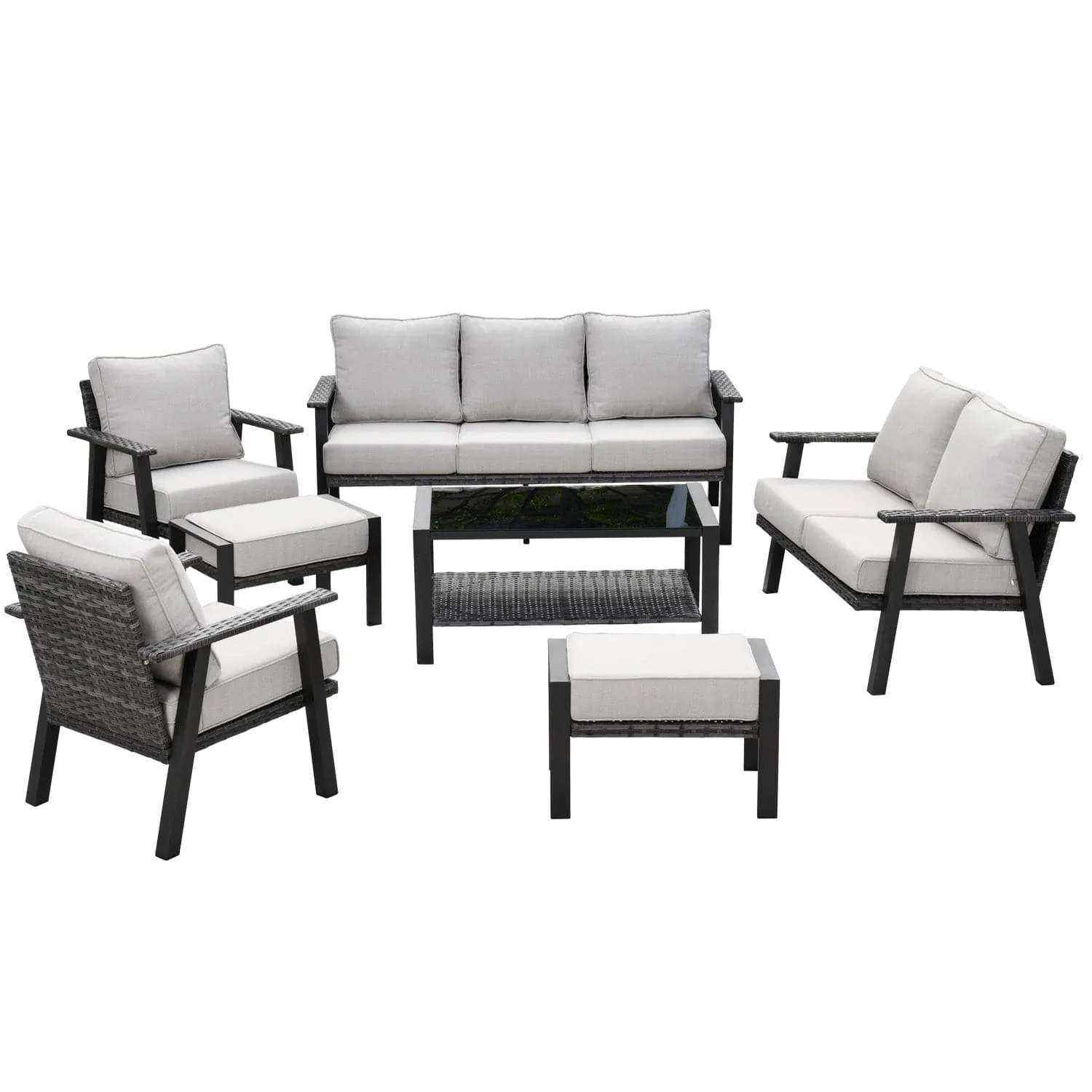 Ovios Outdoor furniture 7 Piece with Table and 2 Ottomans, 5''Cushion, Olefin Fabric