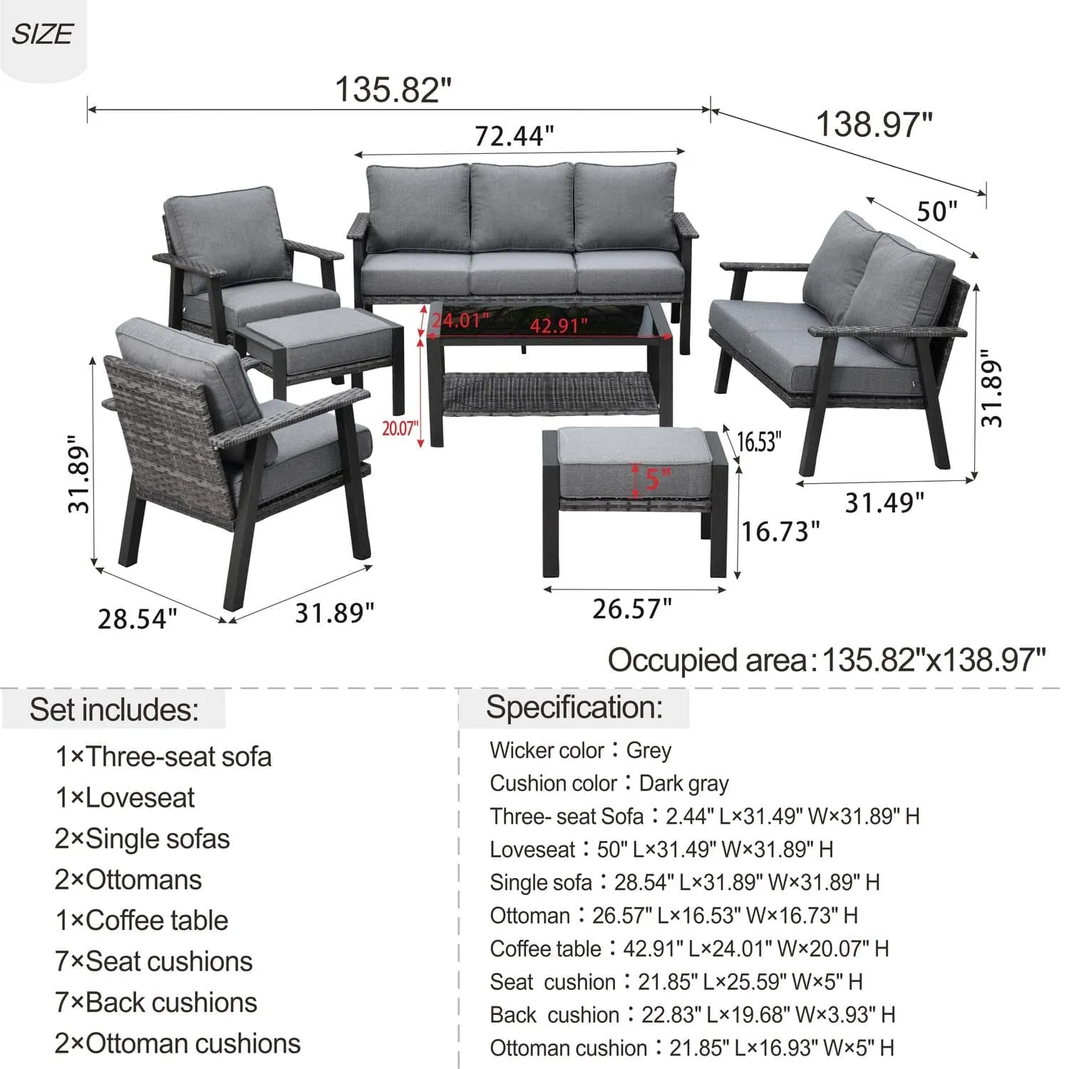 Ovios Outdoor furniture 7 Piece with Table and 2 Ottomans, 5''Cushion, Olefin Fabric