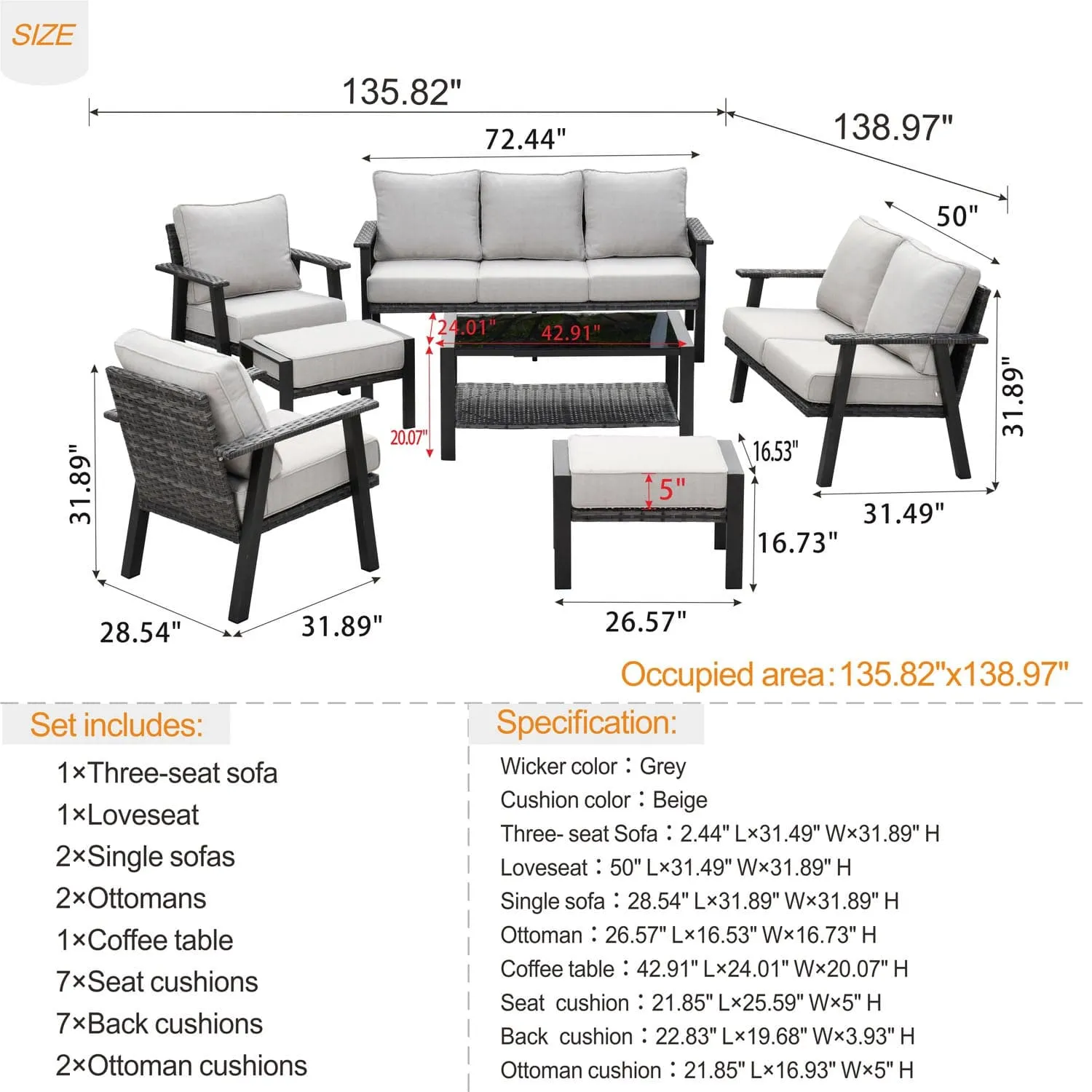 Ovios Outdoor furniture 7 Piece with Table and 2 Ottomans, 5''Cushion, Olefin Fabric