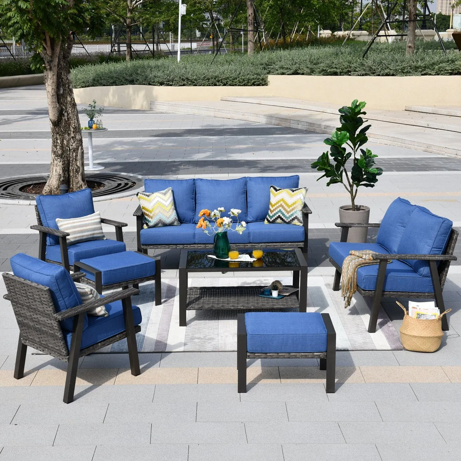 Ovios Outdoor furniture 7 Piece with Table and 2 Ottomans, 5''Cushion, Olefin Fabric