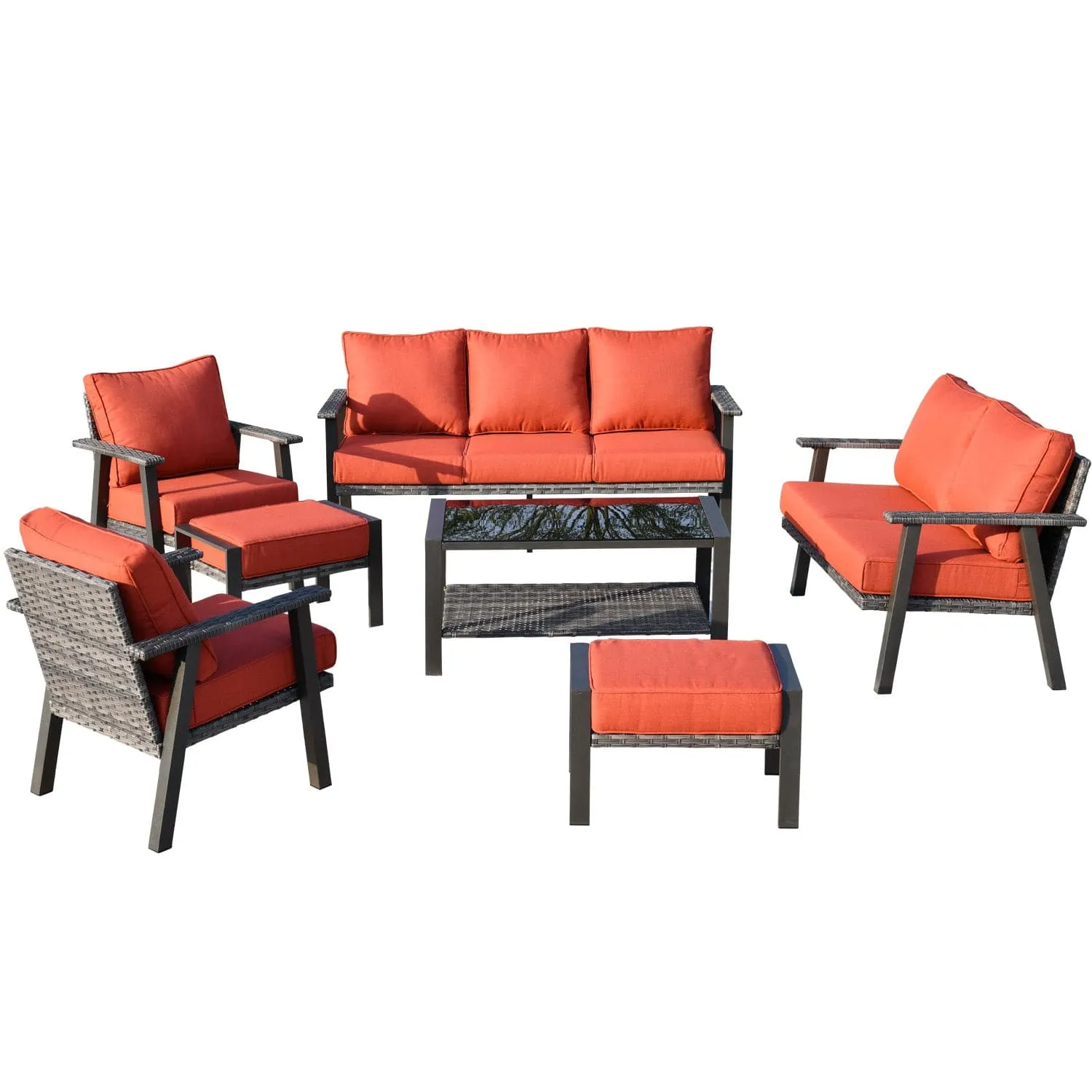 Ovios Outdoor furniture 7 Piece with Table and 2 Ottomans, 5''Cushion, Olefin Fabric