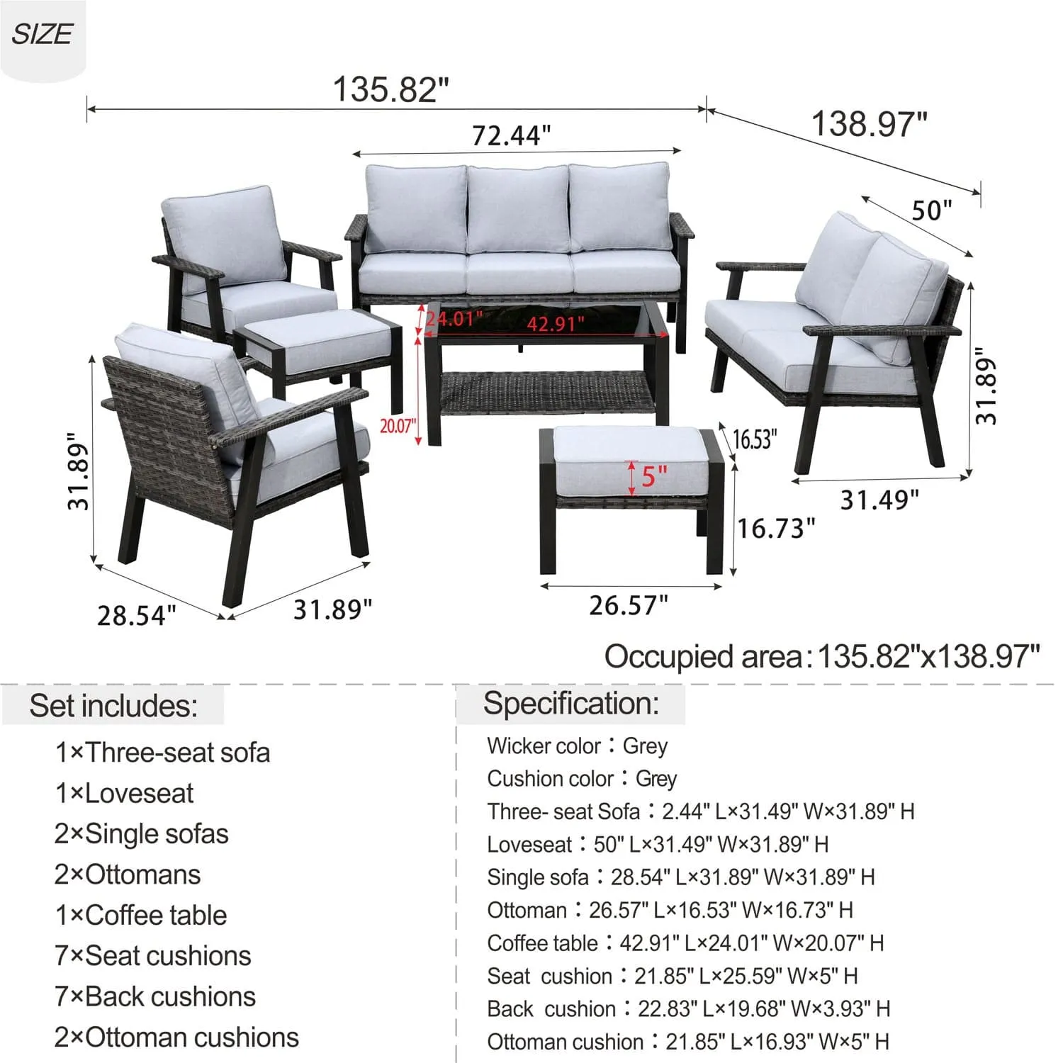 Ovios Outdoor furniture 7 Piece with Table and 2 Ottomans, 5''Cushion, Olefin Fabric