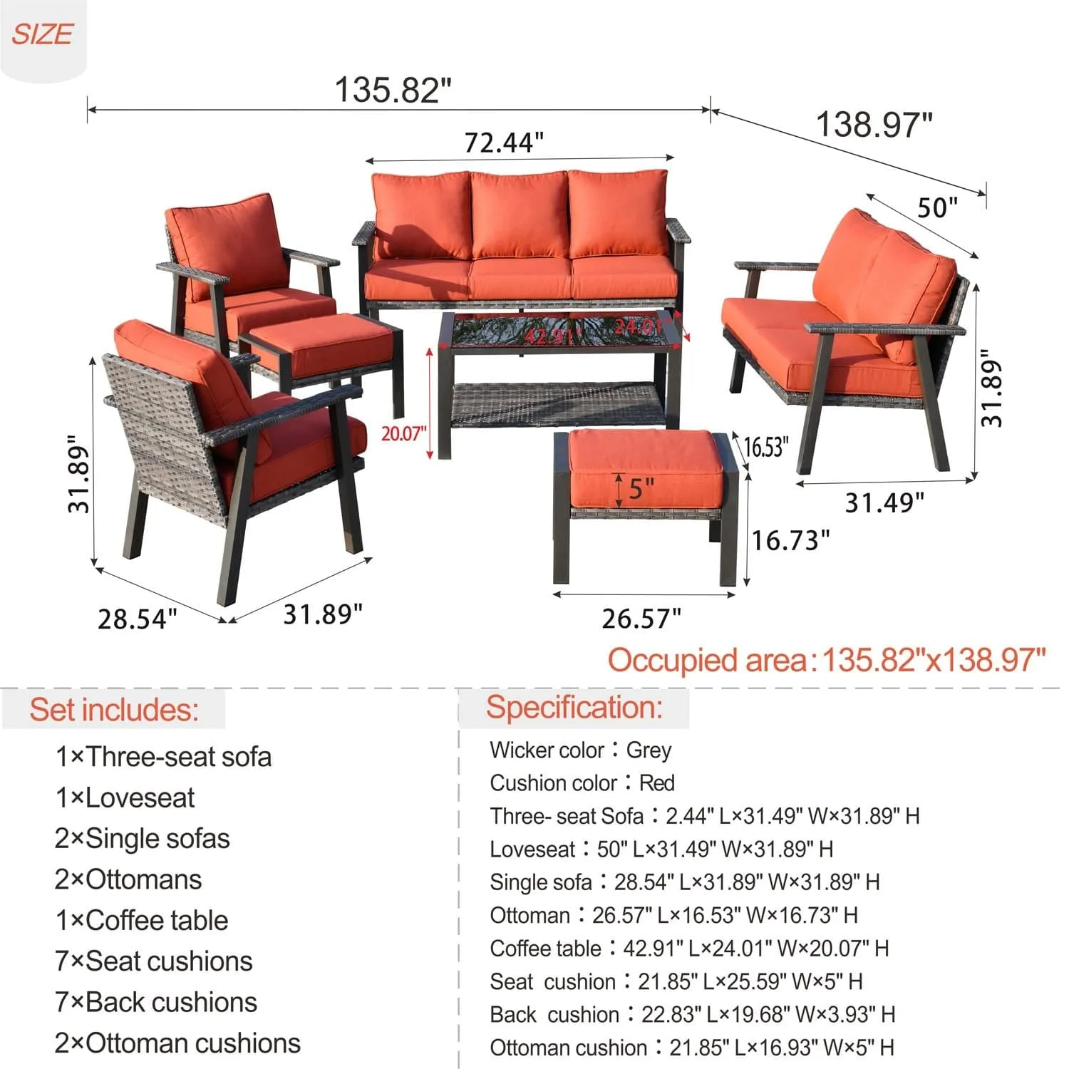 Ovios Outdoor furniture 7 Piece with Table and 2 Ottomans, 5''Cushion, Olefin Fabric