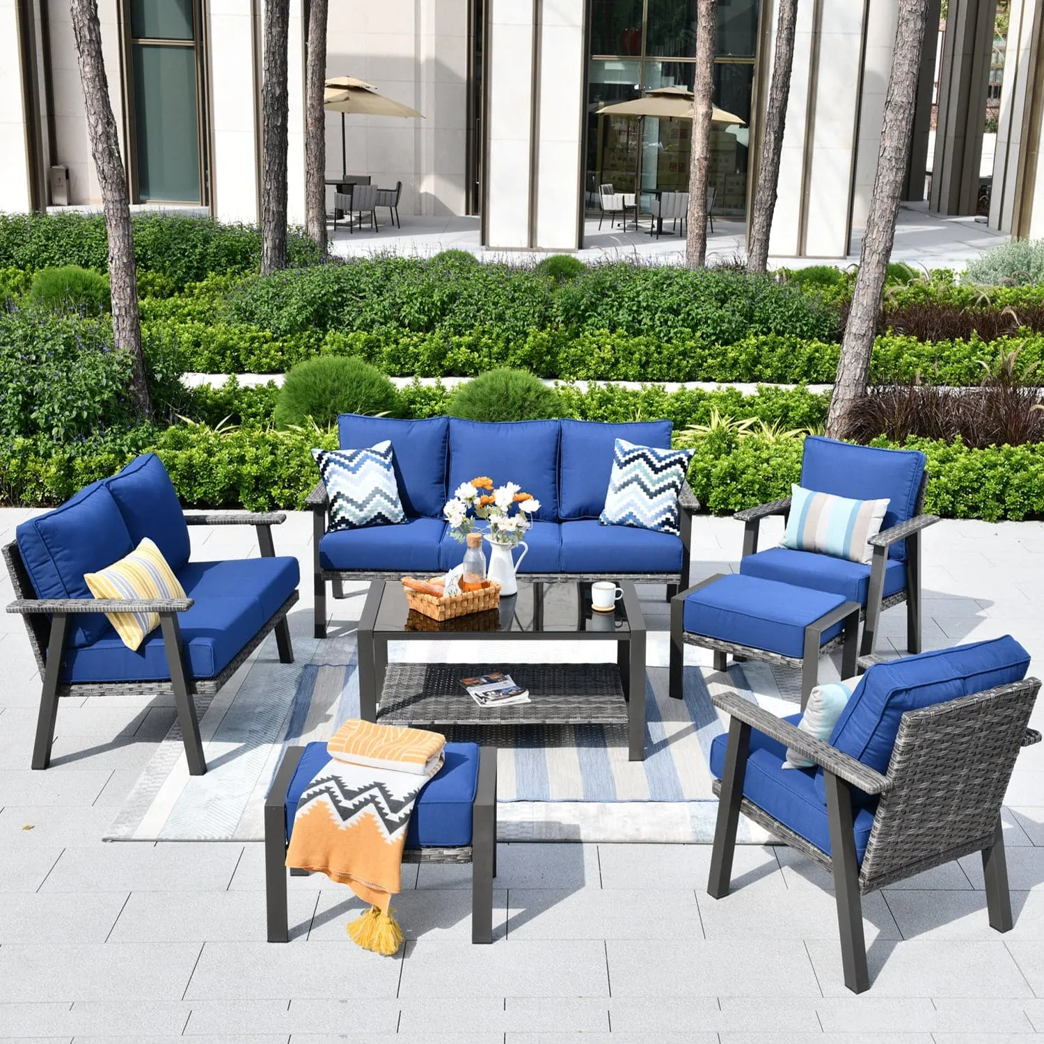 Ovios Outdoor furniture 7 Piece with Table and 2 Ottomans, 5''Cushion, Olefin Fabric