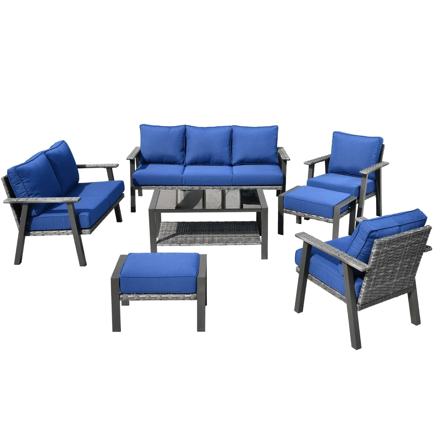 Ovios Outdoor furniture 7 Piece with Table and 2 Ottomans, 5''Cushion, Olefin Fabric