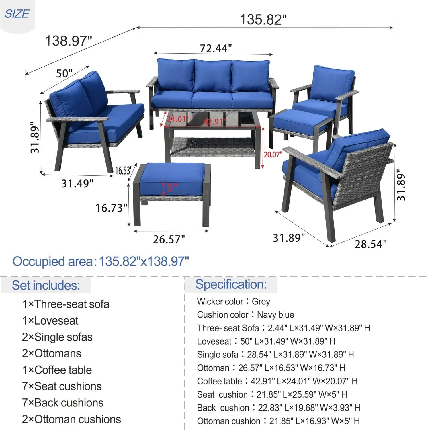 Ovios Outdoor furniture 7 Piece with Table and 2 Ottomans, 5''Cushion, Olefin Fabric