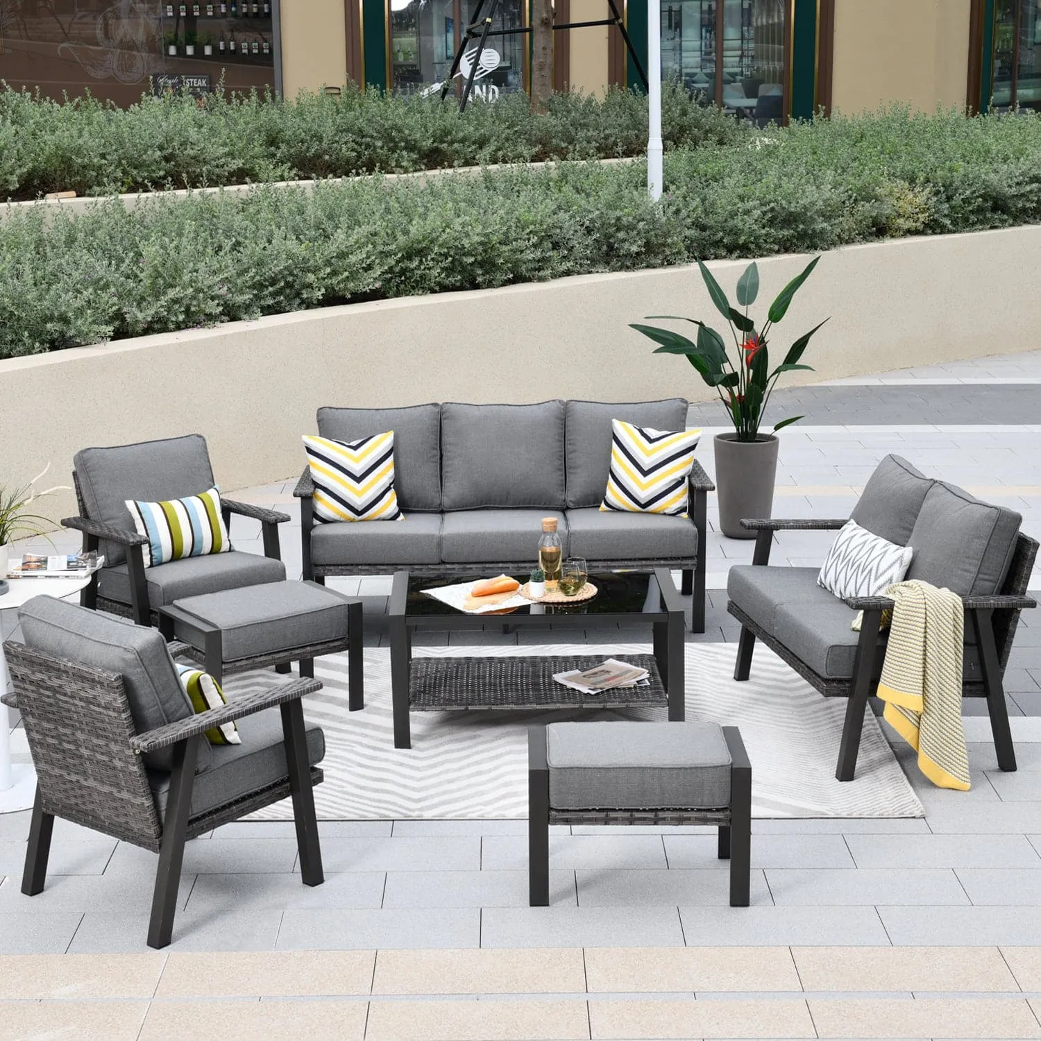 Ovios Outdoor furniture 7 Piece with Table and 2 Ottomans, 5''Cushion, Olefin Fabric