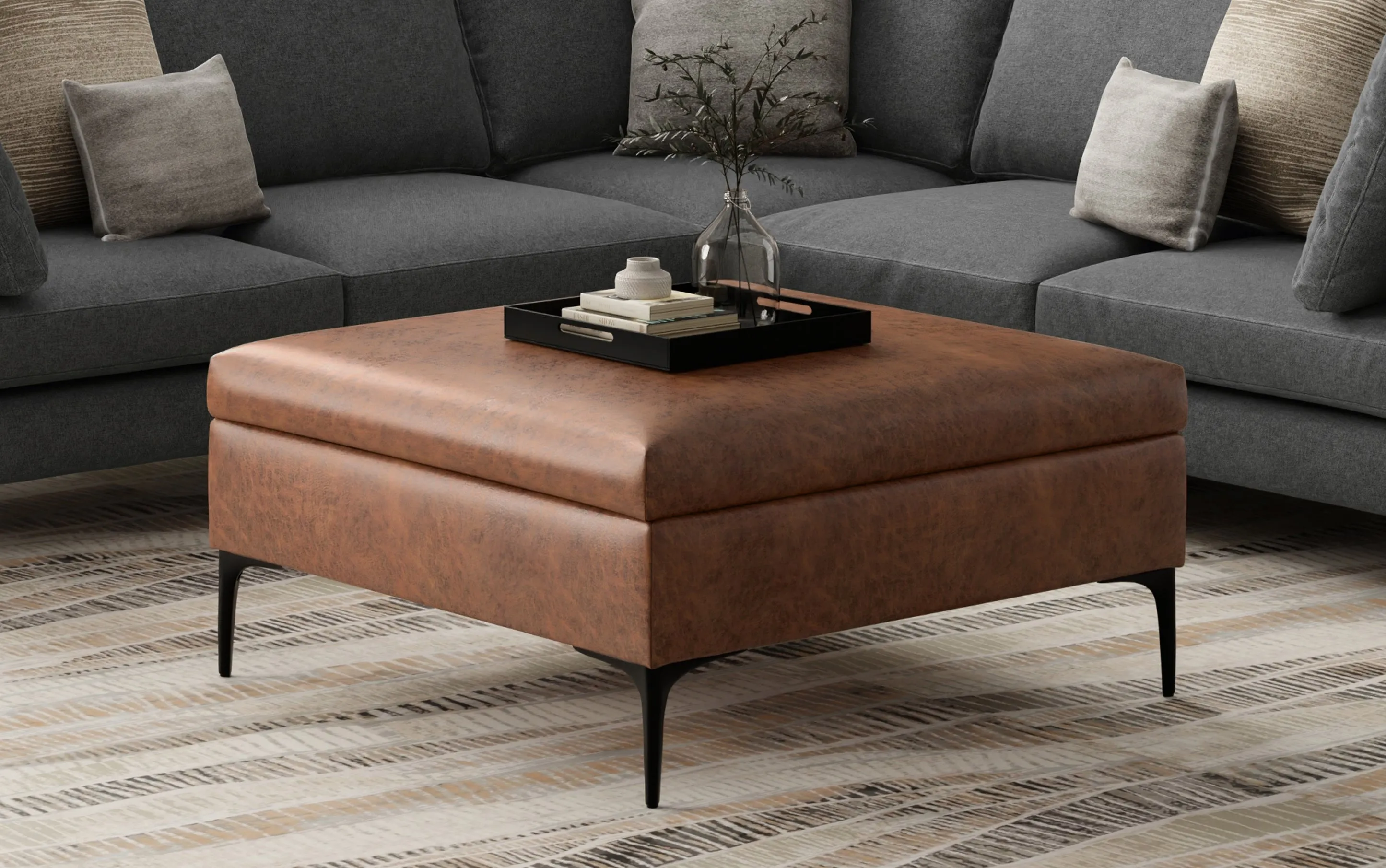 Rebecca Coffee Table Storage Ottoman with Lift Up Lid in Distressed Vegan Leather