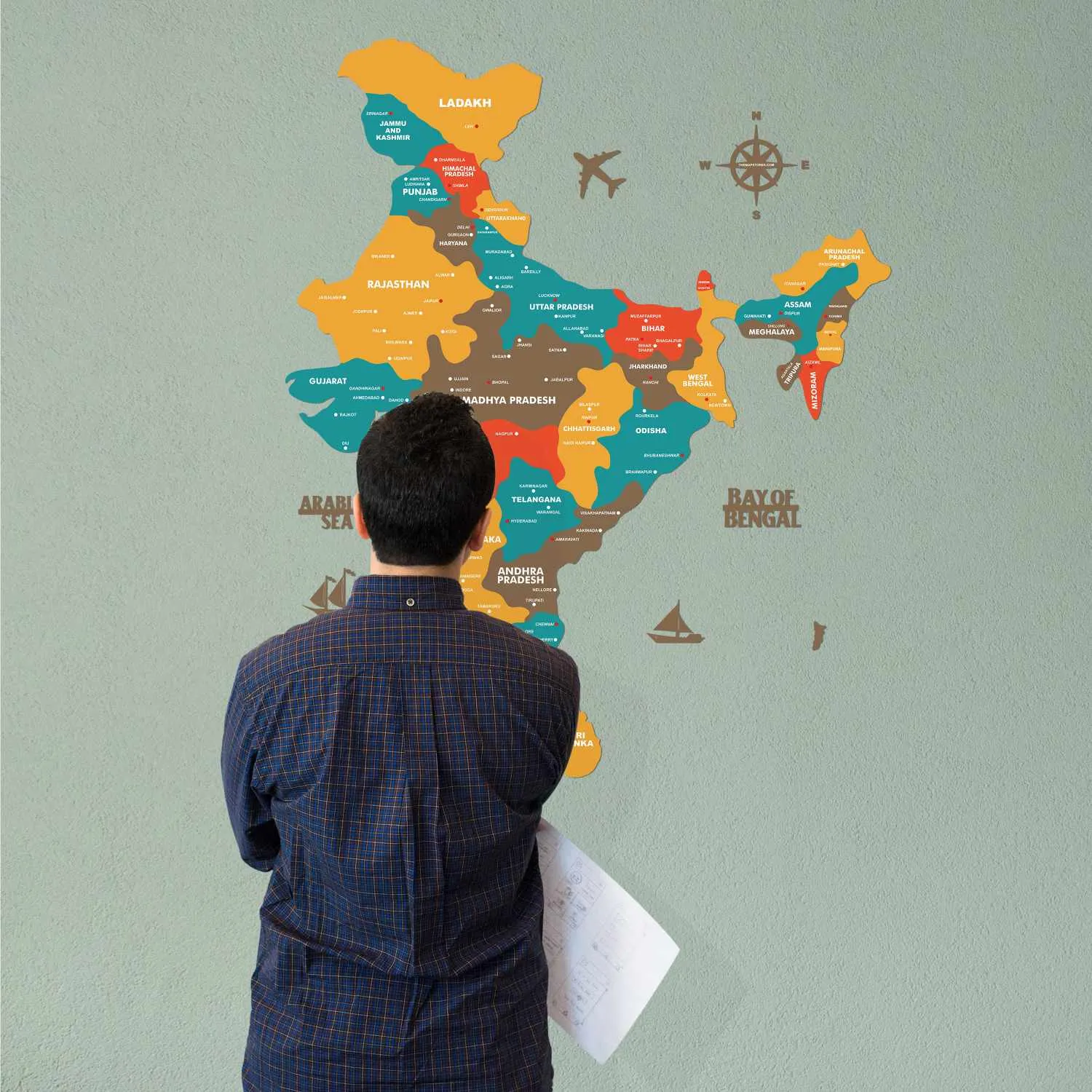 Saffron Wooden India Map for wall | Wooden India map wallart | Map of India |