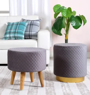 Shadowkart Ottoman Pouffes Sitting Mudda Puffy Stool for Living Room Dressing Table Pouf Round Footstool for Office Home Decor, Check Holland Velvet Drum Or Leg Stool, Combo Pack of 2, Grey