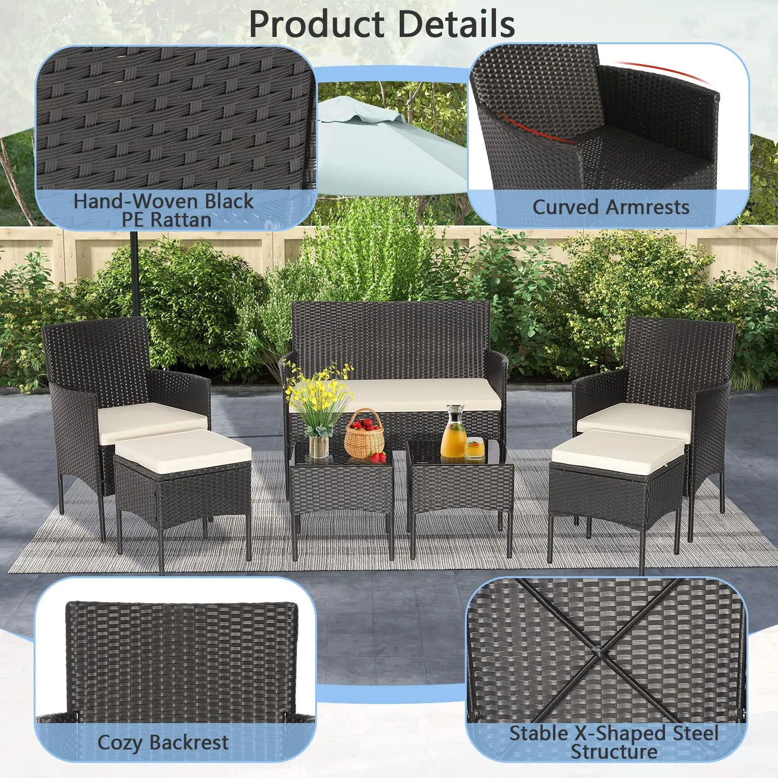 Tangkula 7 Piece Patio Rattan Sofa Set, Wicker Furniture Set with 2 Side Tables and 2 Ottomans, Solid Metal Frame, Soft Cushions