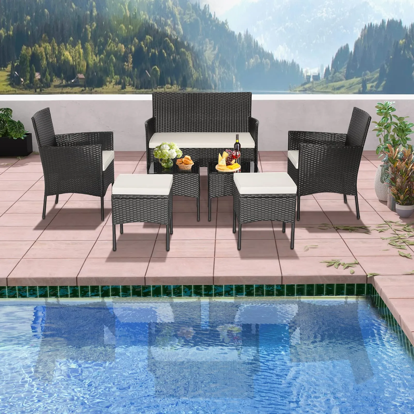 Tangkula 7 Piece Patio Rattan Sofa Set, Wicker Furniture Set with 2 Side Tables and 2 Ottomans, Solid Metal Frame, Soft Cushions