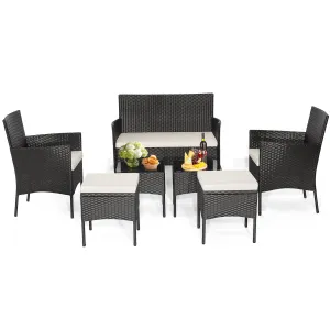 Tangkula 7 Piece Patio Rattan Sofa Set, Wicker Furniture Set with 2 Side Tables and 2 Ottomans, Solid Metal Frame, Soft Cushions