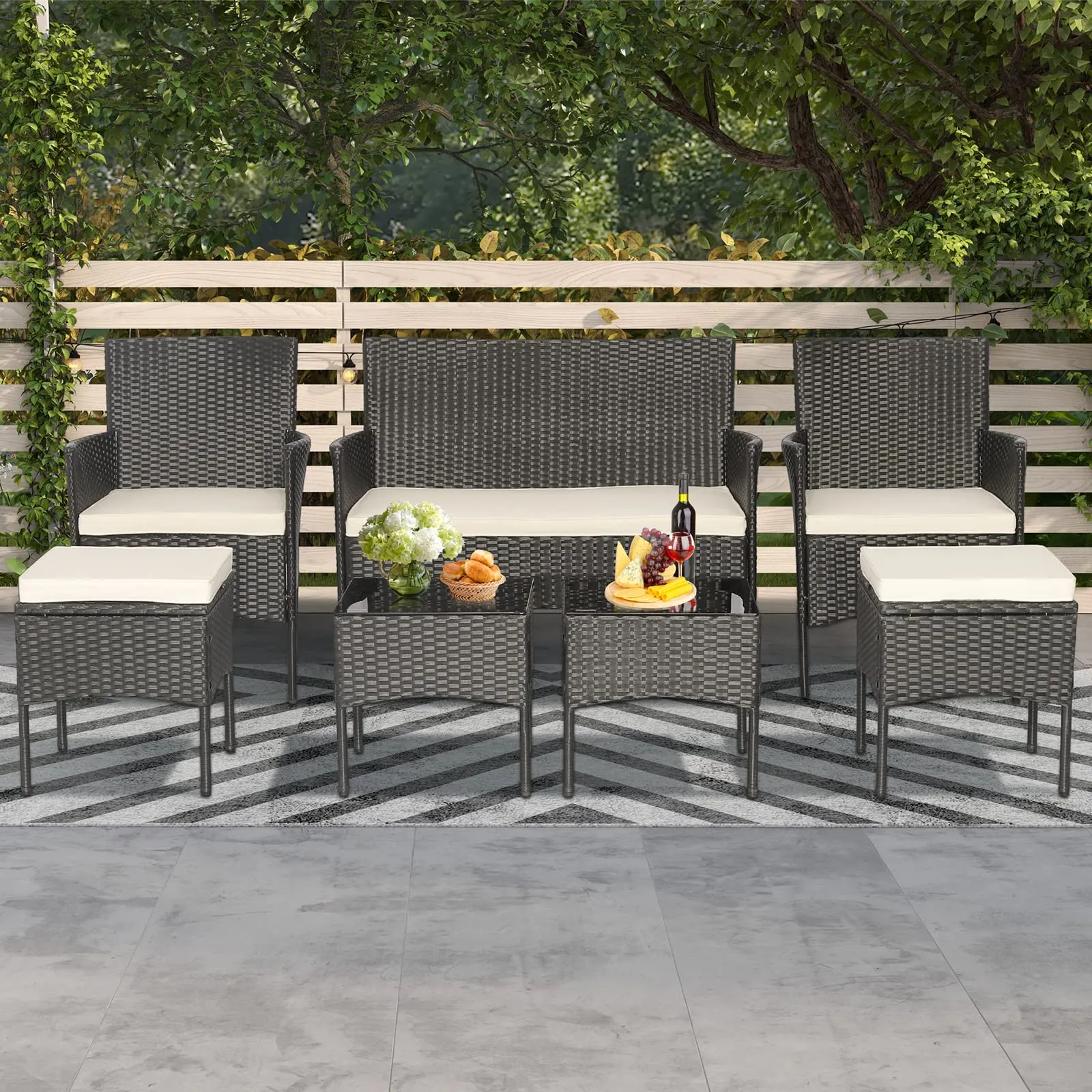 Tangkula 7 Piece Patio Rattan Sofa Set, Wicker Furniture Set with 2 Side Tables and 2 Ottomans, Solid Metal Frame, Soft Cushions