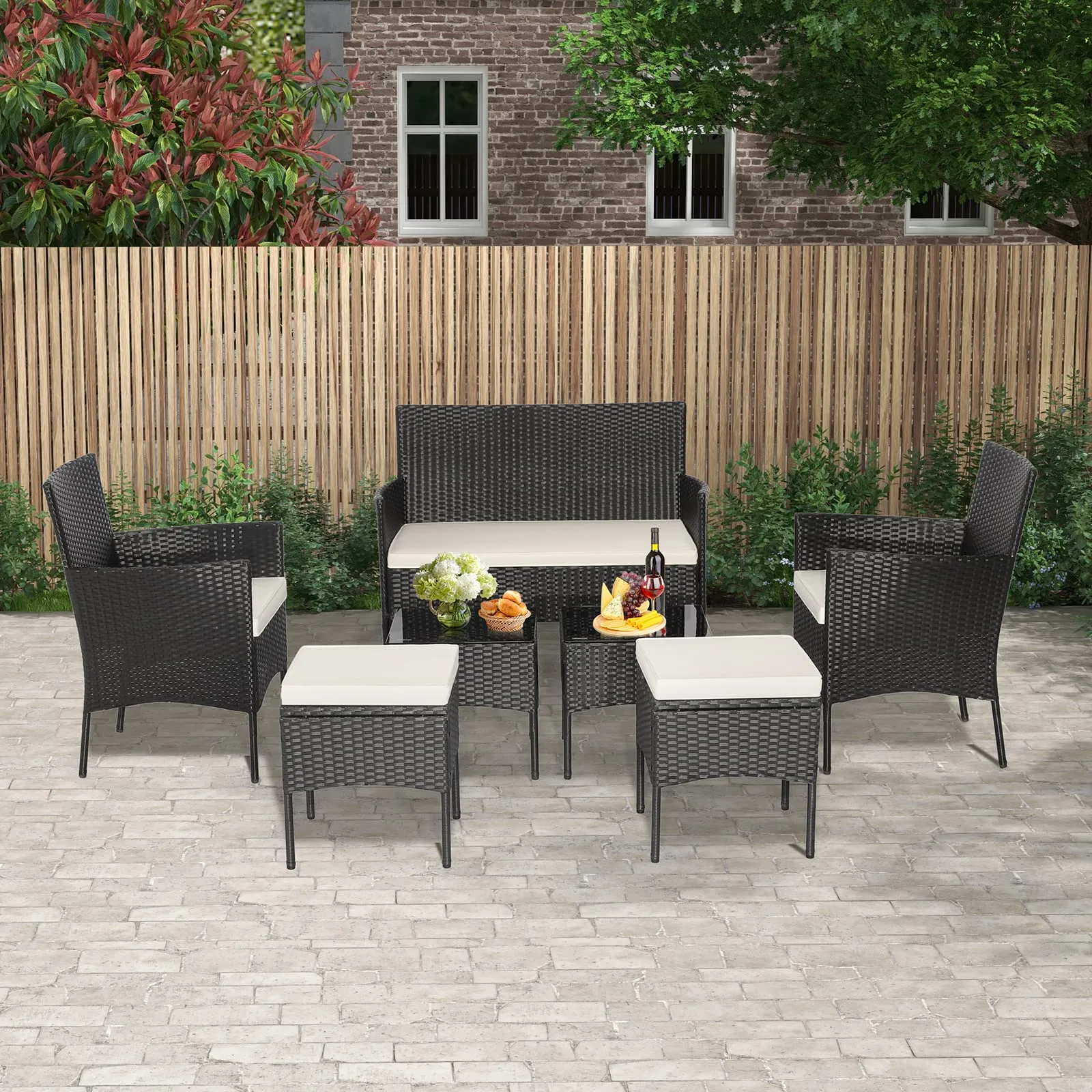 Tangkula 7 Piece Patio Rattan Sofa Set, Wicker Furniture Set with 2 Side Tables and 2 Ottomans, Solid Metal Frame, Soft Cushions