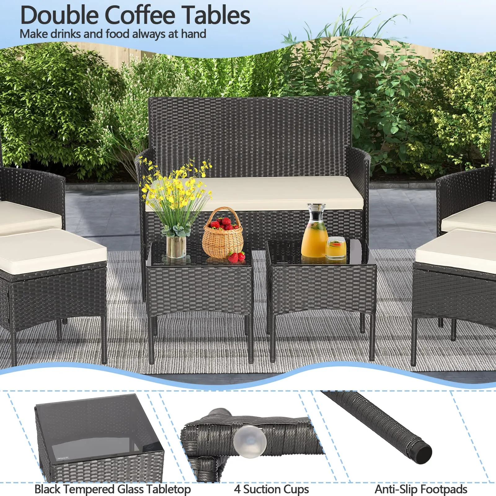 Tangkula 7 Piece Patio Rattan Sofa Set, Wicker Furniture Set with 2 Side Tables and 2 Ottomans, Solid Metal Frame, Soft Cushions